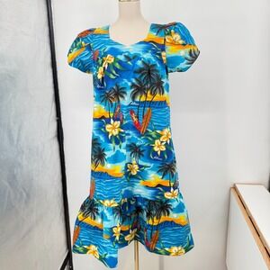 Vintage KY'S Hawaiian‎ Island Mumu Midi Dress M Sunset Surf Floral